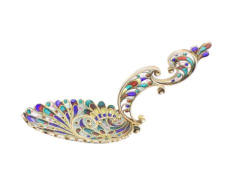 A continental silver-gilt and plique-a-jour enamel caddy spoon, oval bowl, rope-work borders, scroll handle length 8.8cm.Prov