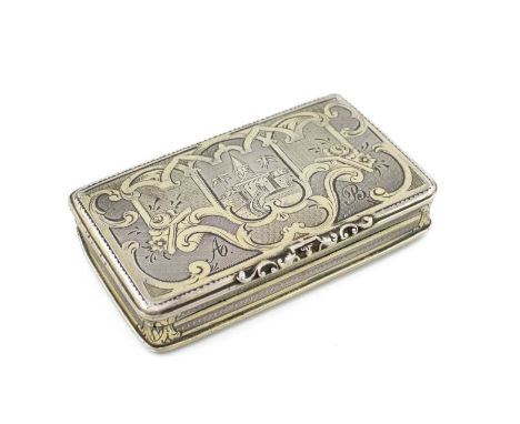 A 19th century French silver-gilt snuff box,rectangular form, engine-turned decoration, the hinged cover engraved with a midd