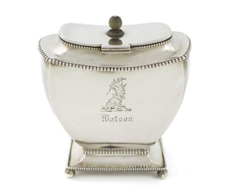 A 19th century Dutch silver tea caddy,by D.L.Reynen, Schoonhoven 1891,shaped oval form, beaded borders, engraved with a crest