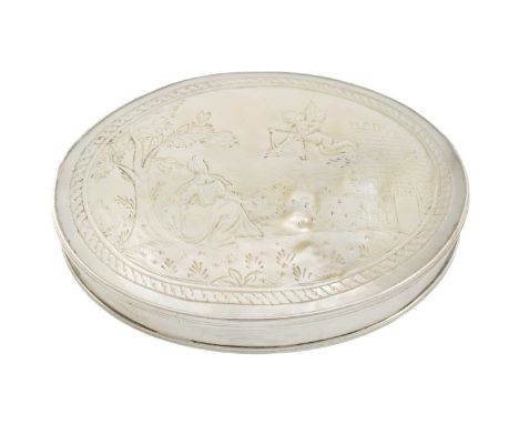 An 18th century silver-mounted mother-of-pearl snuff box,unmarked, oval form, the hinged cover engraved with a rural scene wi