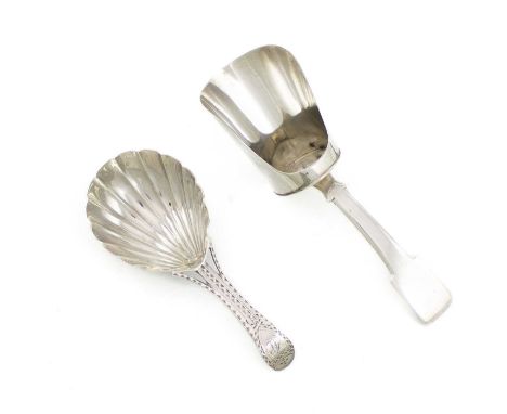 A George III silver Bright-cut caddy spoon, by William Brockwell, London 1787, bifurcated handle, fluted bowl, plus a George 