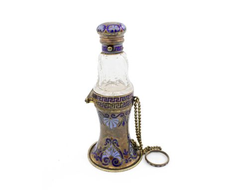 A Victorian silver-gilt and enamel scent bottle, posy holder, and vinaigrette, by Henry William Dee, London 1870,tapering cir