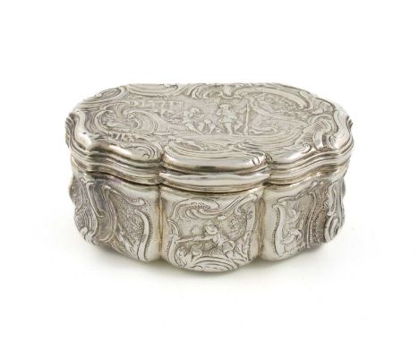 An 18th century French silver snuff box,possibly by Antoine Dutry, Paris circa 1750,shaped rectangular form, chased scroll fo