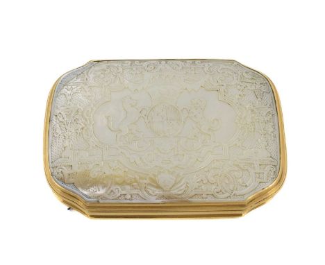 An early-18th century gold-mounted mother-of-pearl snuff box,unmarked, circa 1720,rectangular form with canted corners, the h