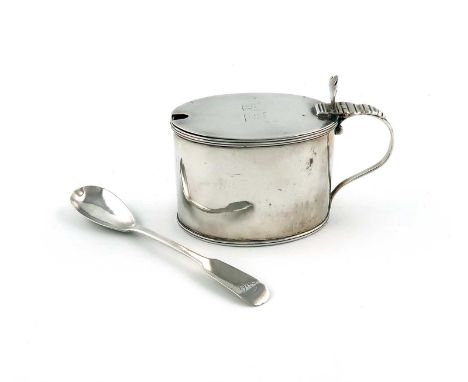 A George III silver mustard pot,  by Robert Jones, London 1795, plain oval form, reeded border, scroll handle, blue glass lin