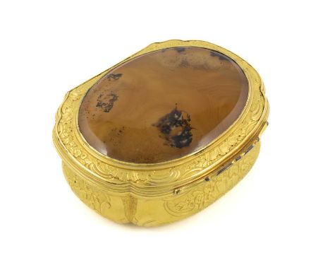 An 18th century gilt metal and agate snuff box,unmarked, circa 1760, oblong form chased decoration, length 7.4cm. Provenance: