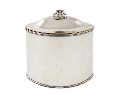 A George III old Sheffield plated tea caddy, unmarked, circa 1780,plain oval form, domed hinged cover with a hinged ring hand