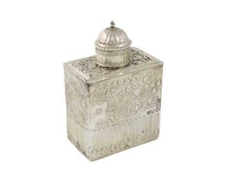 A silver tea caddy,unmarked, probably 18th century,rectangular form, decorated in the manner of chinoiserie, with figures in 