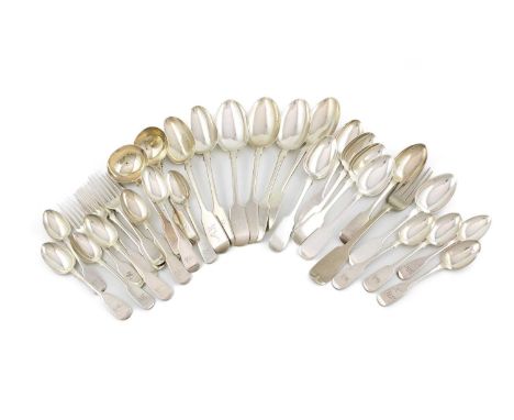 A collection of silver Fiddle flatware,various dates and makers,most engraved with initals and crests to the terminals, compr