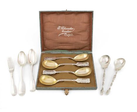 A mixed lot of continental silver flatware,comprising: an early-18th century French Fiddle pattern tablespoon, with large scr
