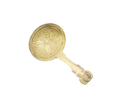 A George IV silver-gilt caddy spoon, by John Bettridge, Birmingham 1824, the oval bowl, with a central olive branch and two d