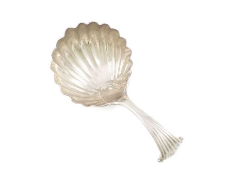A George III silver Onslow pattern caddy spoon, unmarked, circa 1770, shell bowl, the reverse of the handle with a crest, len