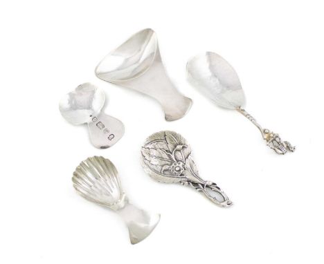 A collection of five modern silver caddy spoons, comprising: one for the Grocers' Company, by Michael Bolton, London 1973, on