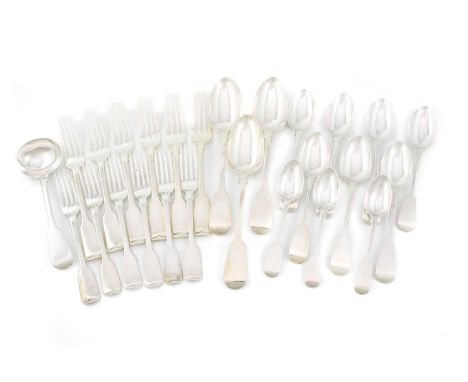 A matched silver Fiddle pattern canteen,comprising: three tablespoons, six table forks, and six dessert forks by George Adams