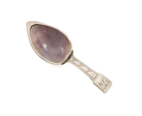 A George III silver-mounted cowrie shell caddy spoon, by Throop and Co., Birmingham circa 1810, the bifurcated handle with en