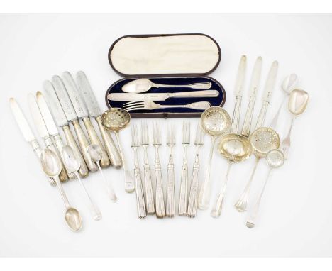 A mixed lot of silver flatware,various dates and makers,comprising: a Victorian silver cased Fiddle and Thread knife, fork an