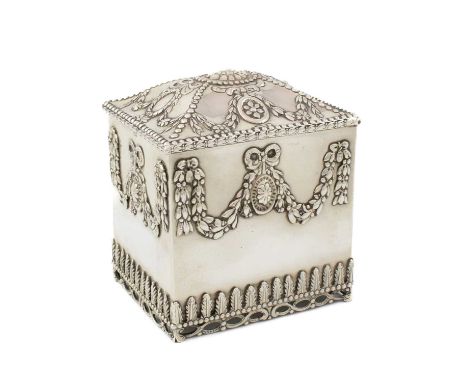A George III silver tea caddy, by Edward Darvill, London 1775, rectangular form, with ribbon-tied garlands and medallions, ac