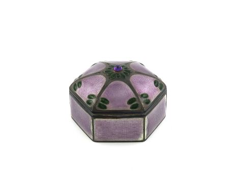 A Norwegian silver and enamel box, by David Andersen, hexagonal form, with panels of purple enamel decoration, dark blue bord