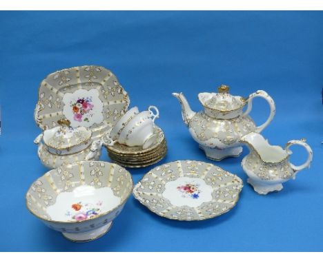 A Staffordshire porcelain 30-piece part-Tea Service, grey ground, painted in colours and gilt with floral sprays, comprising 