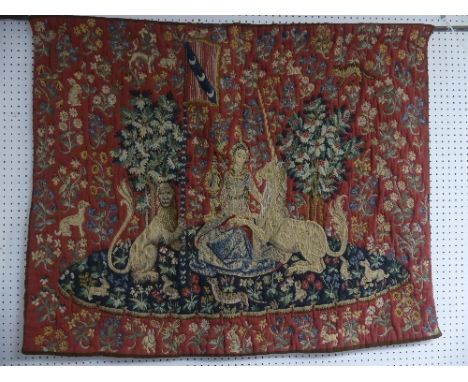 A Medieval style Tapestry of La Dame a la Licorne 'La Vue,' probably by Hines of Oxford (lacks label), depicting a queen with