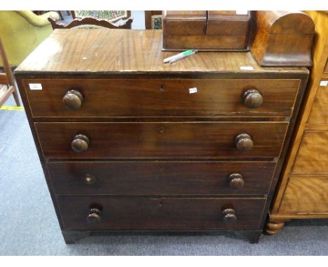 A 19thC mahogany Chest of Drawers, with four graduated long drawers, raised on bracket feet, some splits and damages, 37in (9