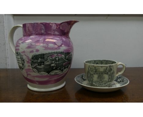 A large 19thC pink Lustre Ware Jug, the four decorative panels each uniquely decorated, one with verse 'Tell me ye knowing an