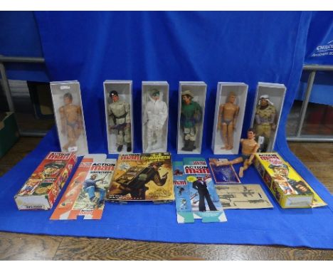 Action Man; A quantity of vintage Figures, including 3 'blue pants' others with flock heads in probably replica uniforms toge