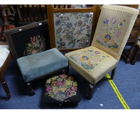 An oak framed tapestry Fire Screen, 24in (61cm) wide, together with an oak nursing chair with tapestry seat and back, two sma