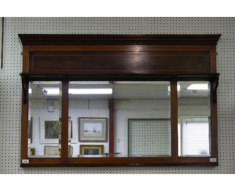 An Edwardian mahogany and darkwood Over Mantel Mirror, with central shelf above the satinwood stringing enclosing the central