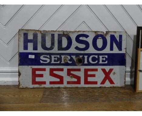 A vintage enamel sign "Hudson Service Essex", red/white/blue. Rectangular, double sided, damaged, 16in (40.5cm) high x 30in (