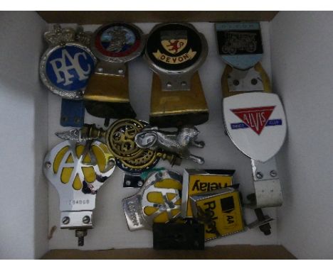 A collection of Car Badges, including Alvis, 'St. Christopher', Devon, two RAC and two AA, Devon Traction Engine Club, etc., 