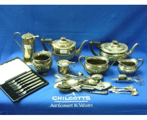 A quantity of Silver Plate, including tea set, candle wick trimmers, mustard pot, flatware, together with a cased set of six 