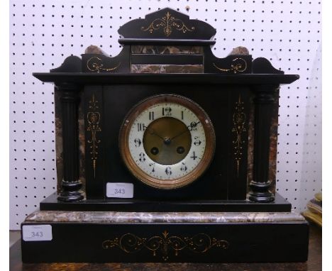 A Victorian marble and black slate Mantel Clock, of architectural form, the 8-day movement striking on a coiled gong, 15in (3
