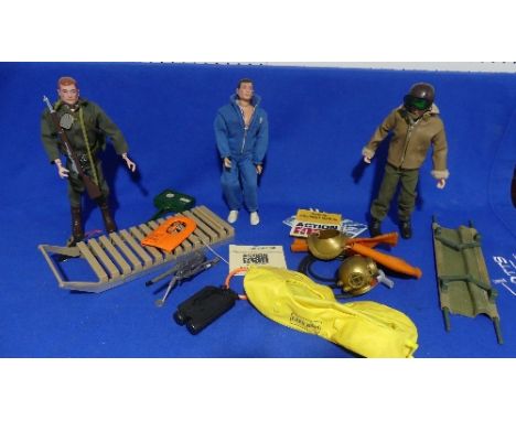 Action Man;  three vintage man dolls with various uniforms and accessories, including Trans Polar Expedition, Soldier, Diver,