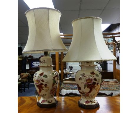 A pair of Masons Red Mandalay ceramic Lamp Bases, the lamp bases decorated in coloured transfer print, mounted on wooden plin