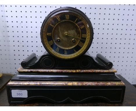 A Victorian marble and black slate 8-day barrel Mantel Clock, with a circular white dial and Roman numerals, set on scrolled 