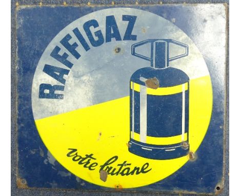 Vintage Signs; 'Raffigaz Butane Gas' a double-sided enamel advertising sign, with hanging flange, 17½in (45cm)  wide x 15¾in 