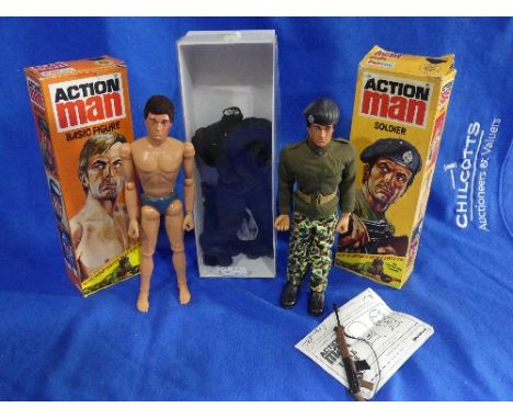 Action Man; A boxed early 1980's 'Basic Figure', with brown flock head, together with a boxed early 1980's 'Soldier sharpersh