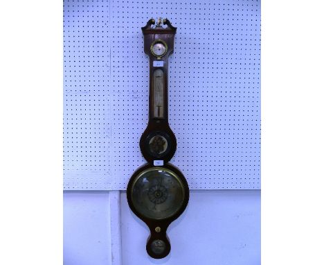 A Victorian mahogany Barometer, signed for 'Bassi &amp; Fontana, Exeter', in need of some restoration, 38in (96cm) high.