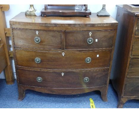 A George III mahogany bow-front Chest-of-Drawers, two short and three long drawers with later brass handles, on bracket feet,