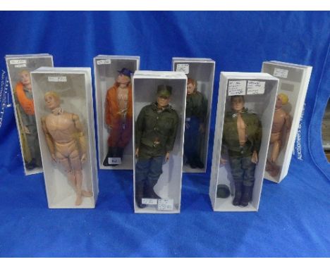 Action Man; A collection of seven original Painted Head Figures; two soldiers, both with dog tags, one German Storm Trooper w