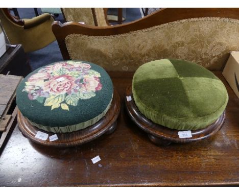 A pair of antique Rosewood-framed Footstools, both of circular form, one with floral tapestry upholstery, the other with gree