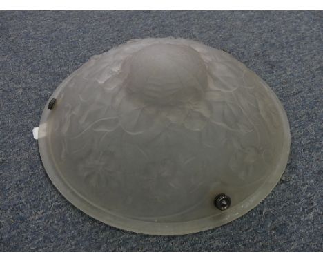 An Art Deco frosted glass circular pendant Lampshade, moulded with spiders web and flowers, 14in (36cm) diameter.