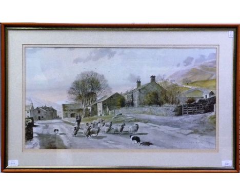 After Alan Ingham, 'Down From the Hills' print, framed, depicting a Yorkshire scene of a farmer herding his sheep, 15¼in (39c