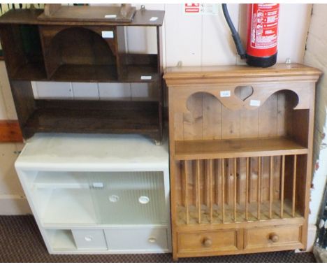 A Pine plate rack, Oak hanging shelves, 1950's kitchen cabinet and a small hanging shelf