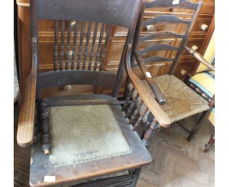 A commode armchair and 19th Century rush seat ladder back elbow chair