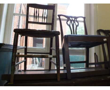 Three 19th Century Mahogany Chippendale style dining chairs, two painted chairs, a Mahogany bed table, a carved wall shelf an