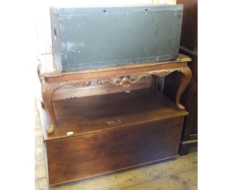 A reproduction Walnut coffee table, a blanket box and a metal ammunition trunk