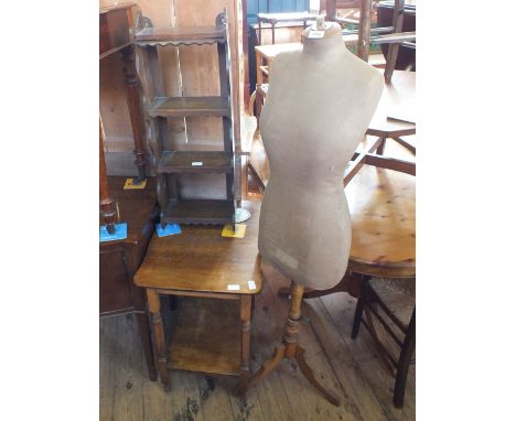 A vintage dress maker's dummy, a small Oak book shelf and an occasional table