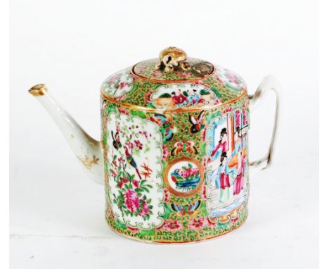 NINETEENTH CENTURY CHINESE FAMILLE ROSE PORCELAIN TEAPOT, of cylindrical form with entwined strap handle and flat cover with 